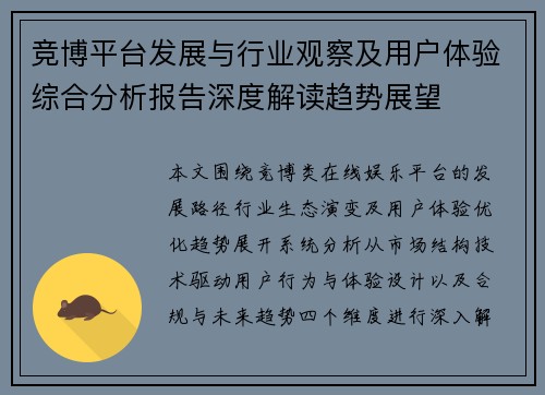 竞博平台发展与行业观察及用户体验综合分析报告深度解读趋势展望